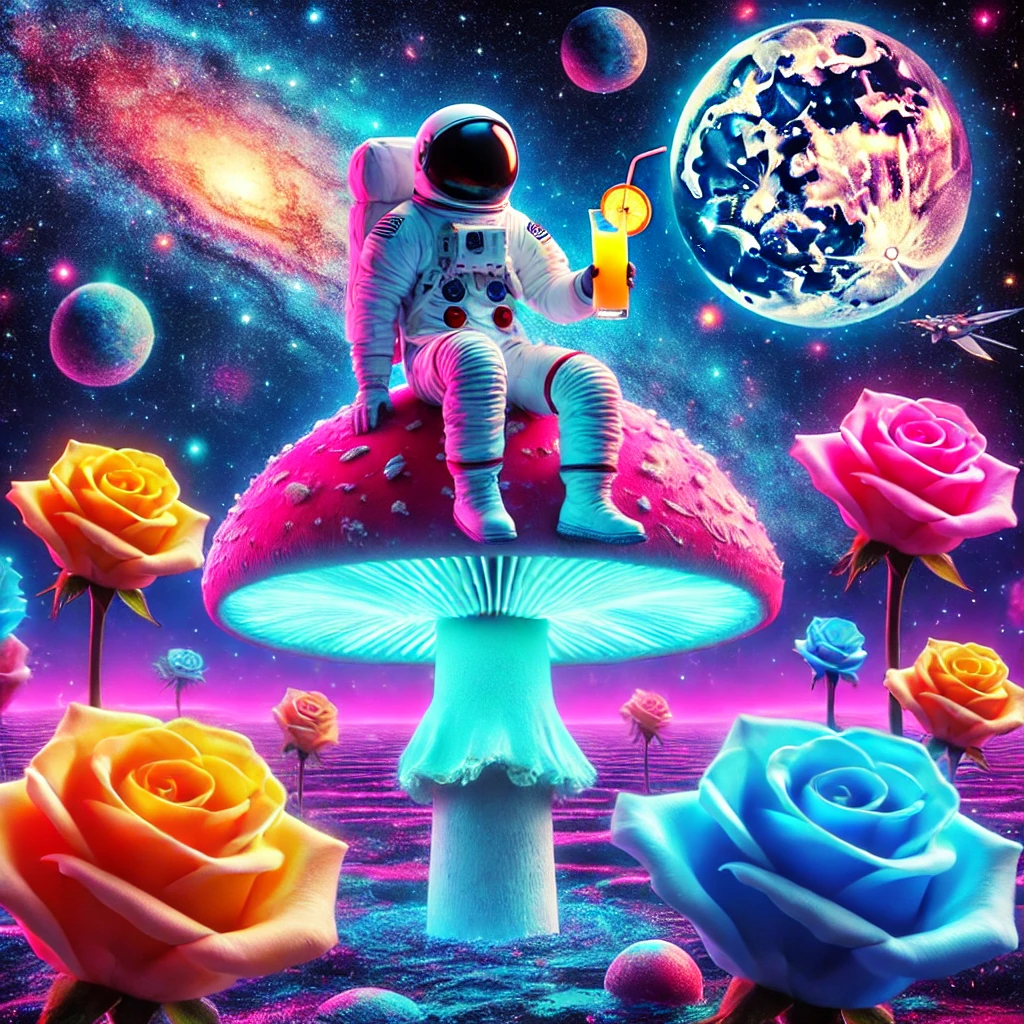 Astronaut sitting on mushroom with roses background is the universe